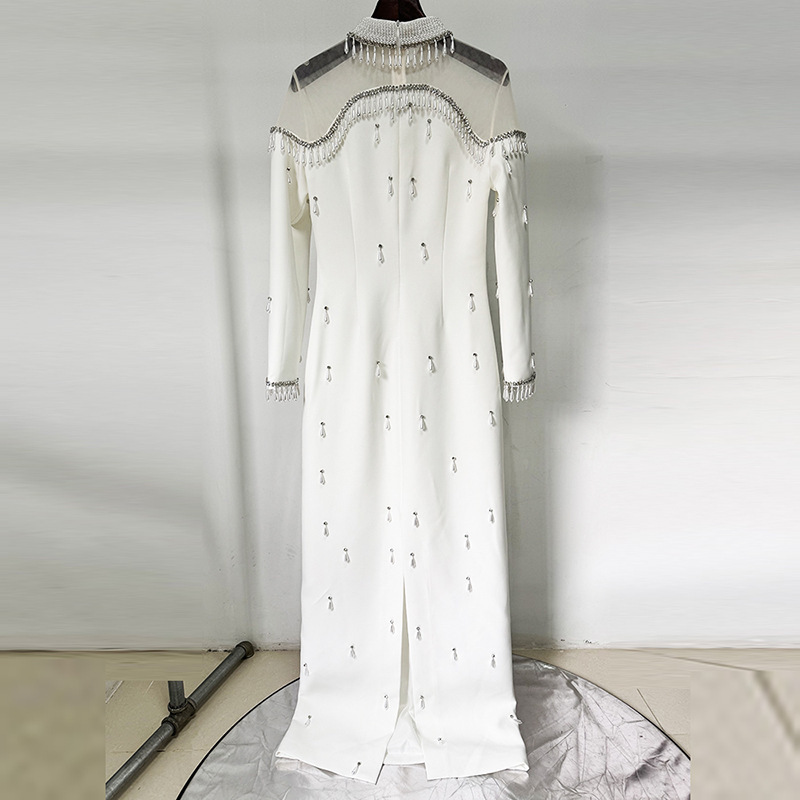 Heavy-duty Pearl Bead And Diamond-embellished Mesh-panel Long Dress - Image 7