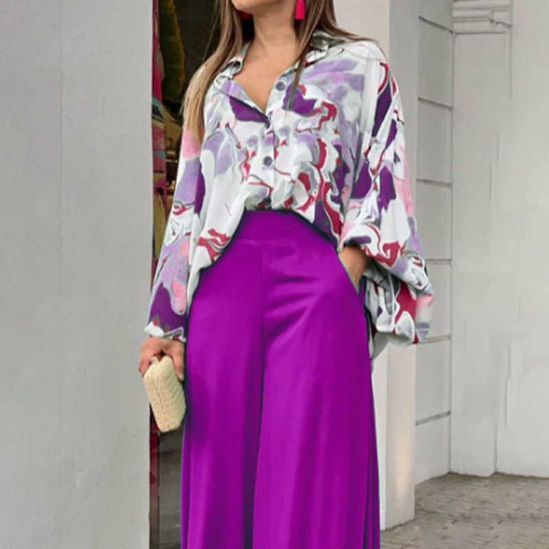 Flowers Print Suits Fashion Casual Button-up Long-sleeved Shirt And Wide-leg Pants Loose Beach Trousers Set - Image 4
