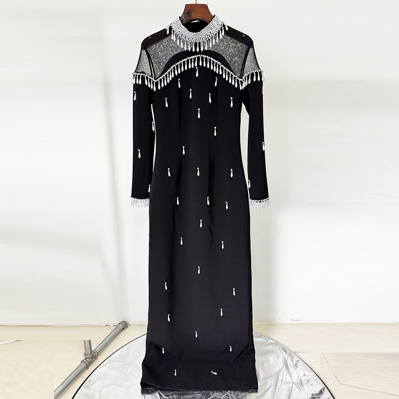 Heavy-duty Pearl Bead And Diamond-embellished Mesh-panel Long Dress - Image 6