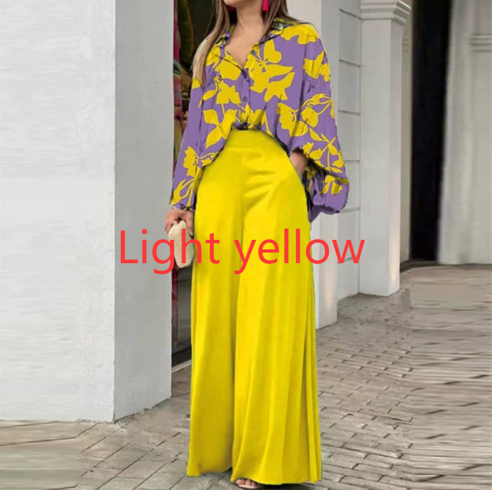 Flowers Print Suits Fashion Casual Button-up Long-sleeved Shirt And Wide-leg Pants Loose Beach Trousers Set - Image 5