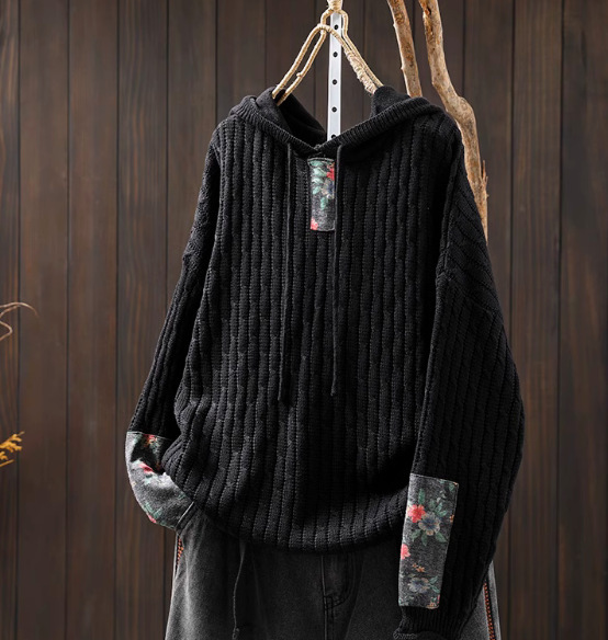 Womens Ethnic-Style Loose-Fit Oversized Sweater With Drawstring Hood - Image 7