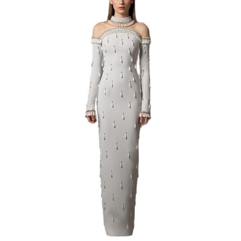 Heavy-duty Pearl Bead And Diamond-embellished Mesh-panel Long Dress - Image 5