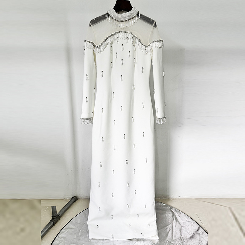 Heavy-duty Pearl Bead And Diamond-embellished Mesh-panel Long Dress - Image 4