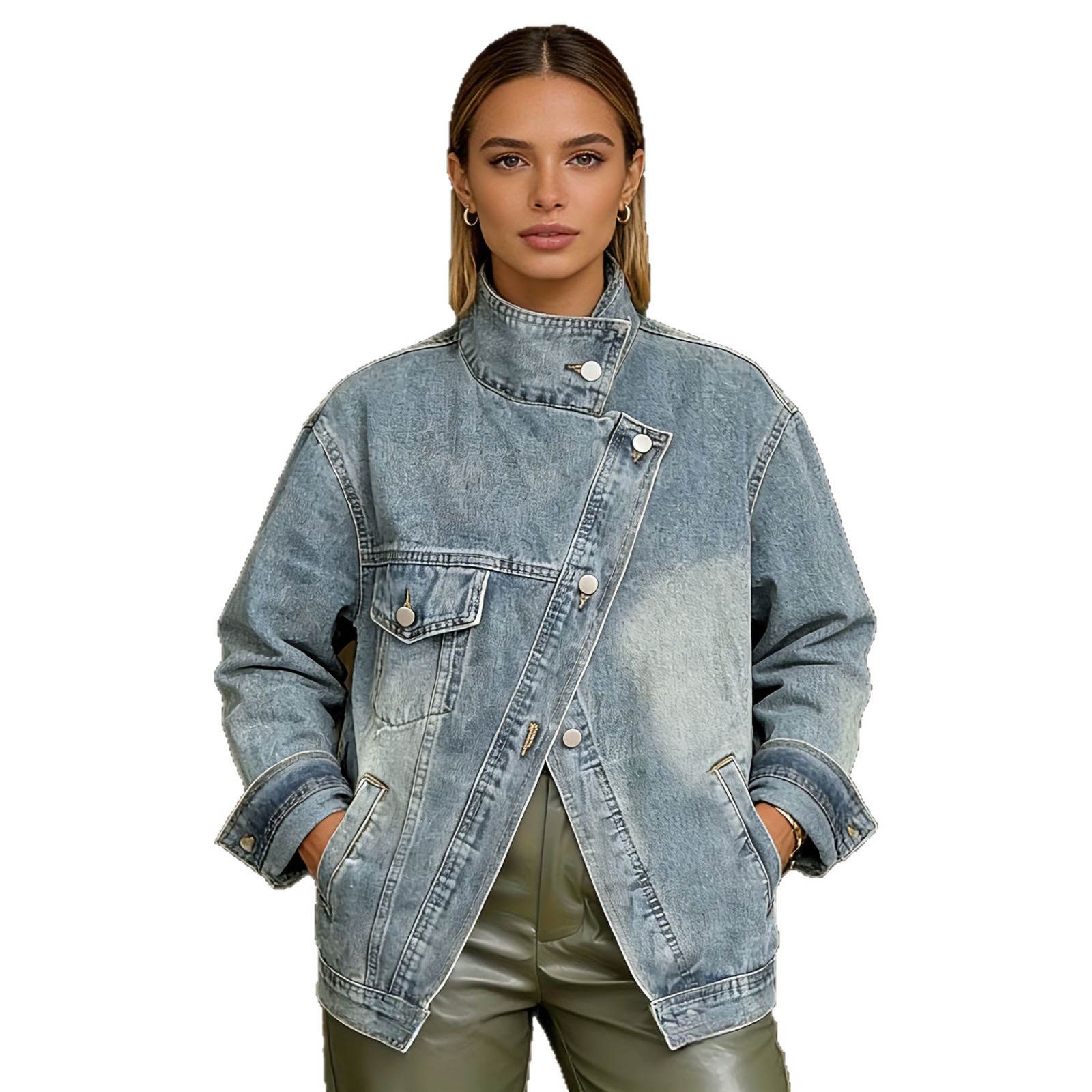 Irregular Single-pocket Denim Jacket - Image 6