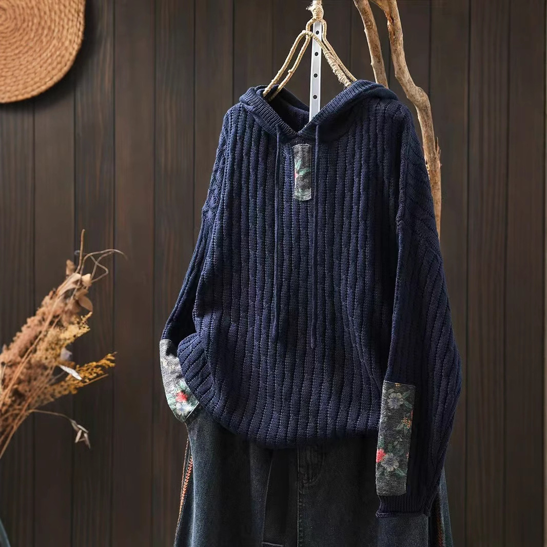 Womens Ethnic-Style Loose-Fit Oversized Sweater With Drawstring Hood - Image 3