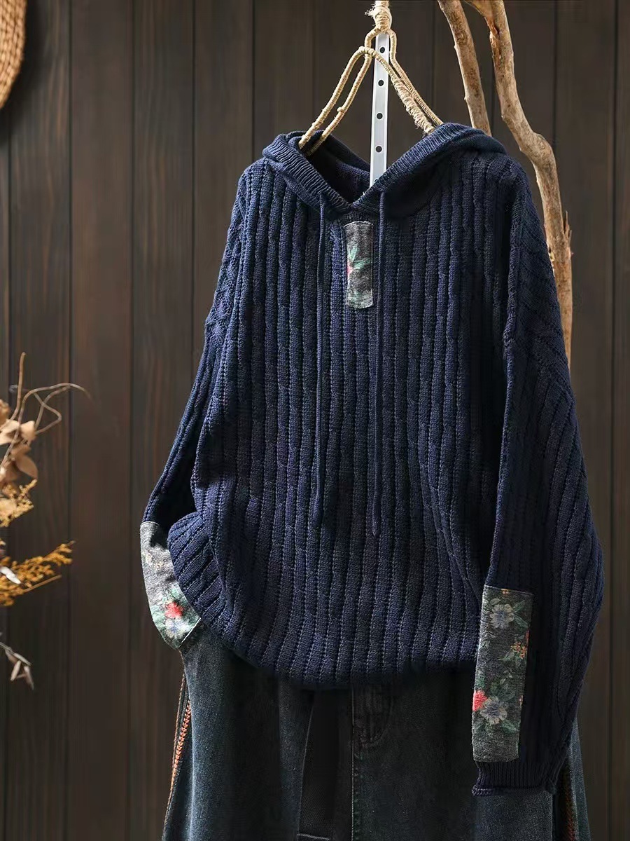Womens Ethnic-Style Loose-Fit Oversized Sweater With Drawstring Hood - Image 4