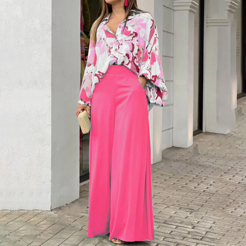 Flowers Print Suits Fashion Casual Button-up Long-sleeved Shirt And Wide-leg Pants Loose Beach Trousers Set - Image 9