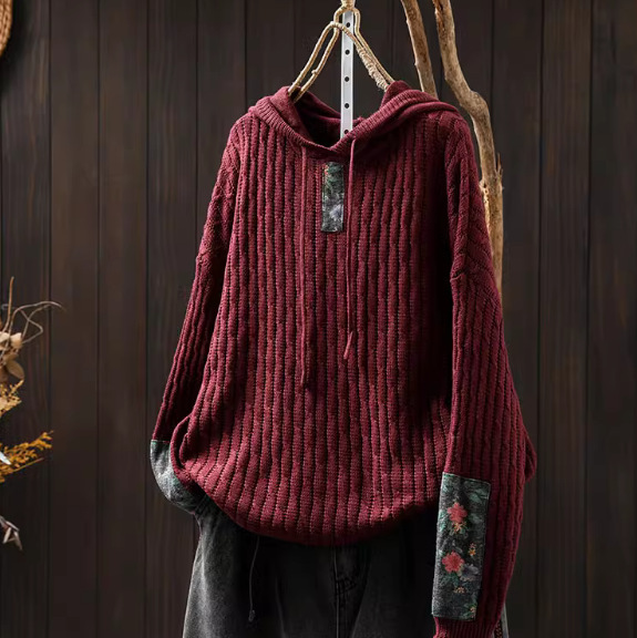 Womens Ethnic-Style Loose-Fit Oversized Sweater With Drawstring Hood - Image 2