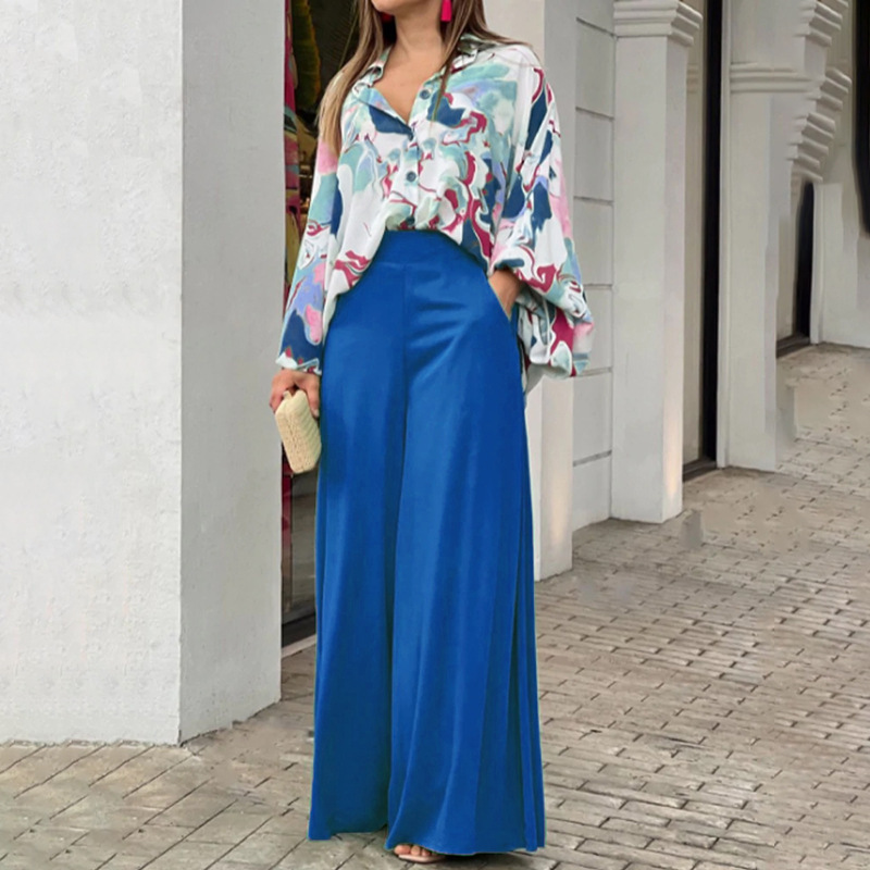 Flowers Print Suits Fashion Casual Button-up Long-sleeved Shirt And Wide-leg Pants Loose Beach Trousers Set - Image 3