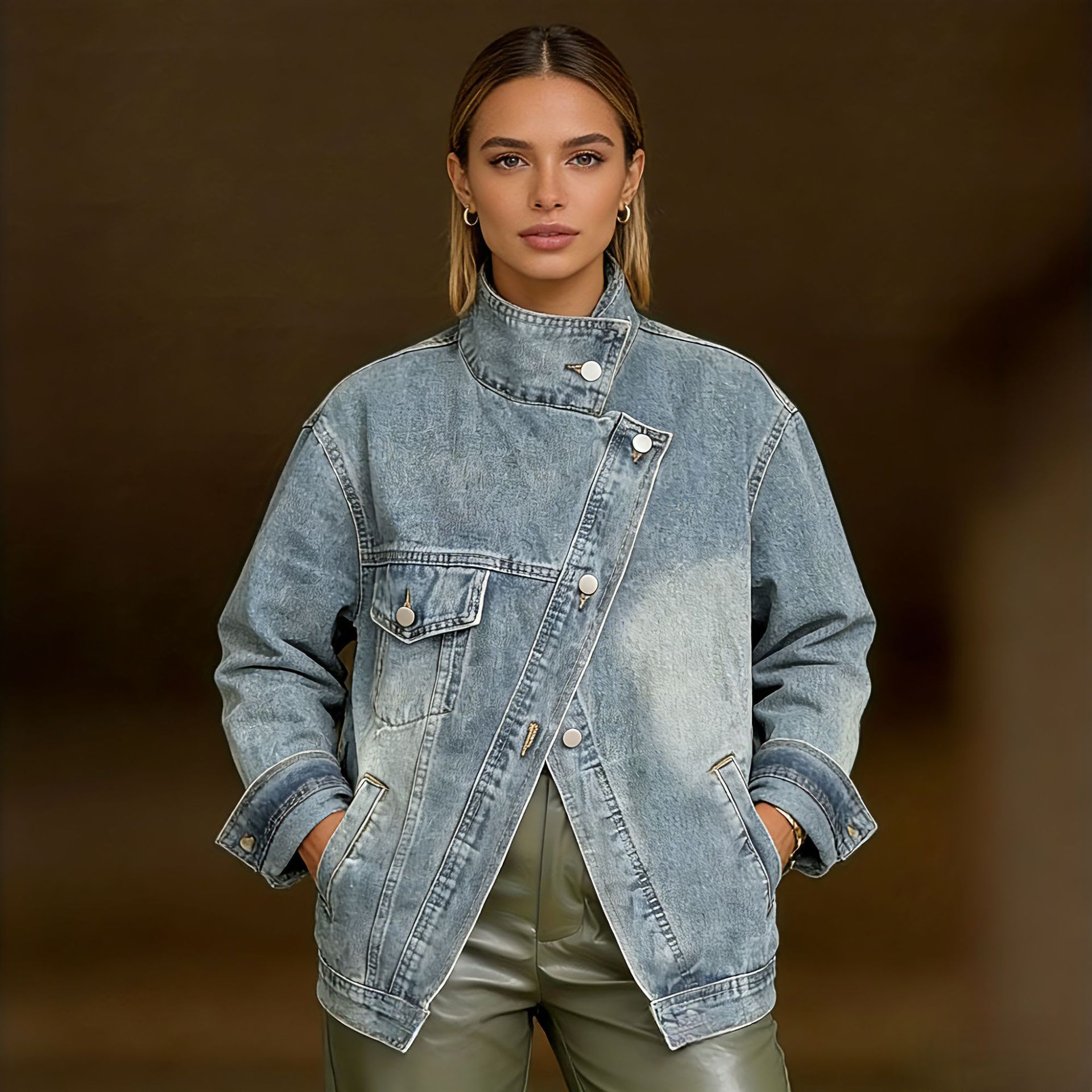 Irregular Single-pocket Denim Jacket - Image 5
