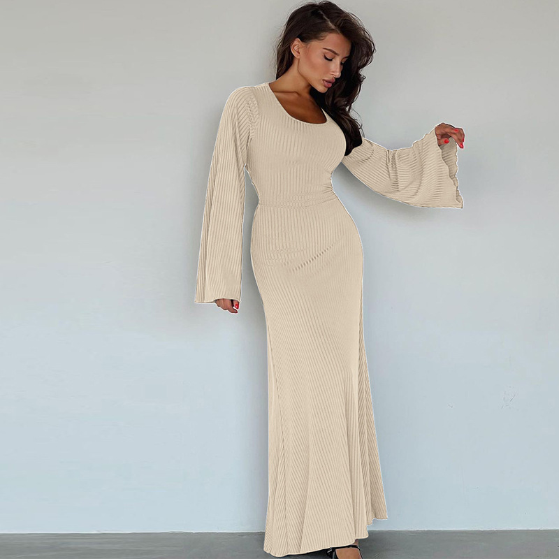 Fashion U-neck Dress Back Lace-up Long Bell Sleeve Dresses Women - Image 7