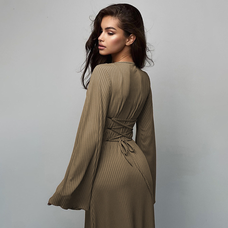 Fashion U-neck Dress Back Lace-up Long Bell Sleeve Dresses Women - Image 5