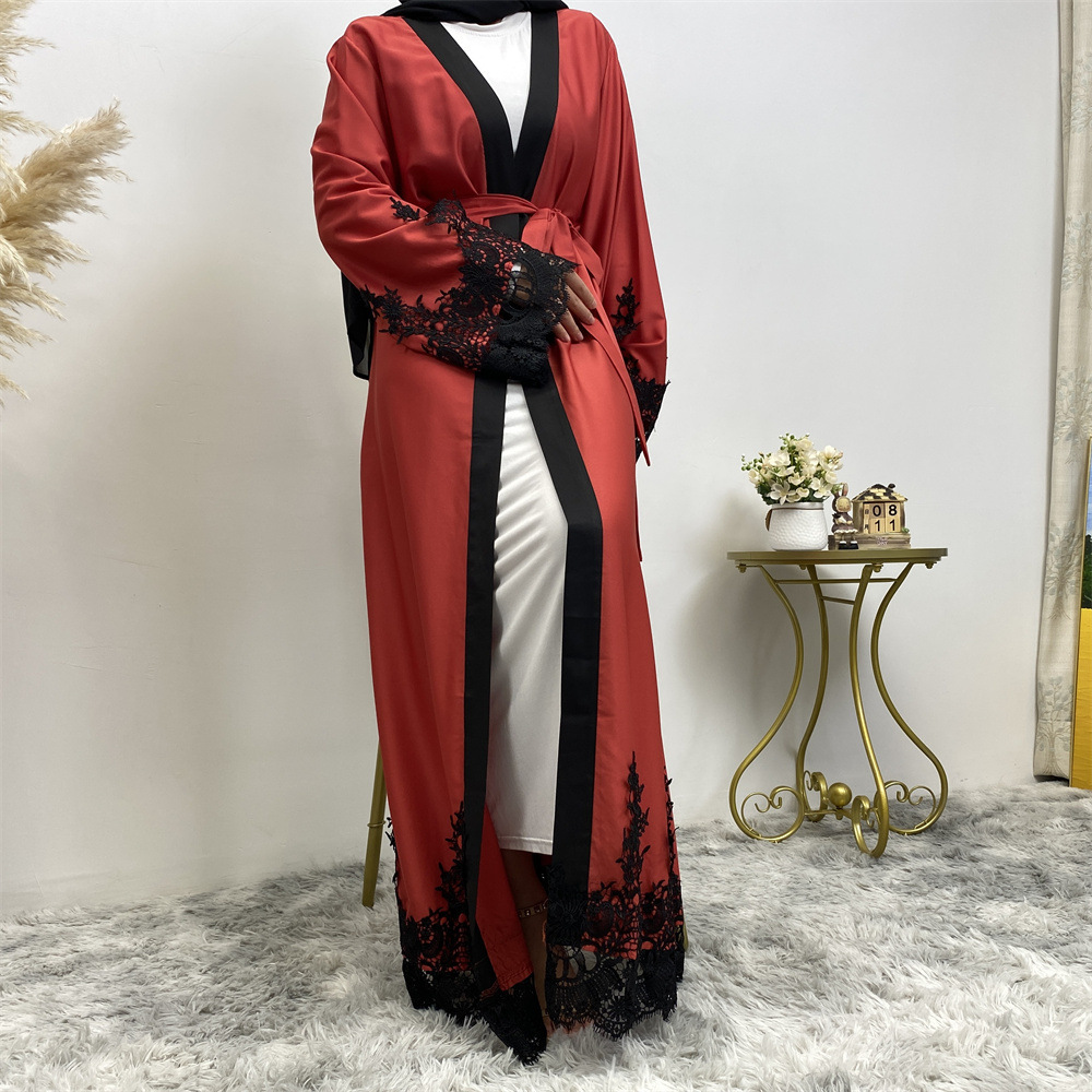 Muslim Fashion Lace Patchwork Loose Cardigan Robe For Women - Image 3